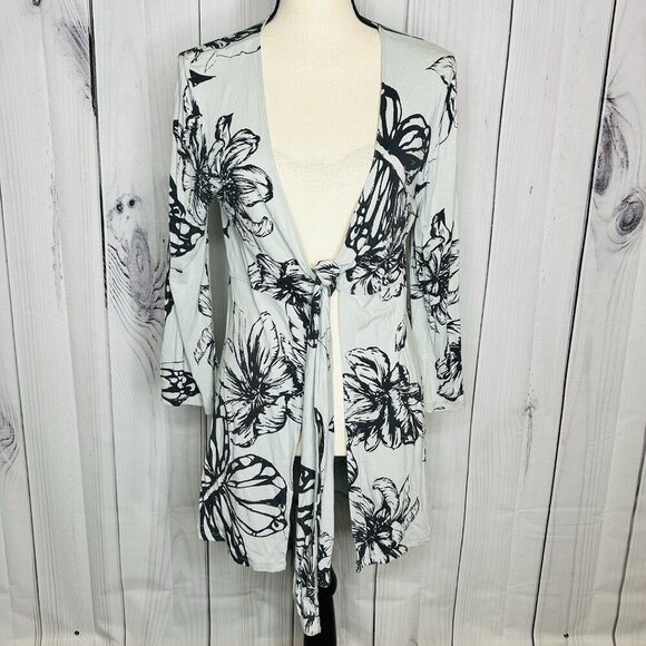 Cabi Front Tie Long Cardigan Size M Blue Knit Floral Duster Lightweight - Picture 1 of 11